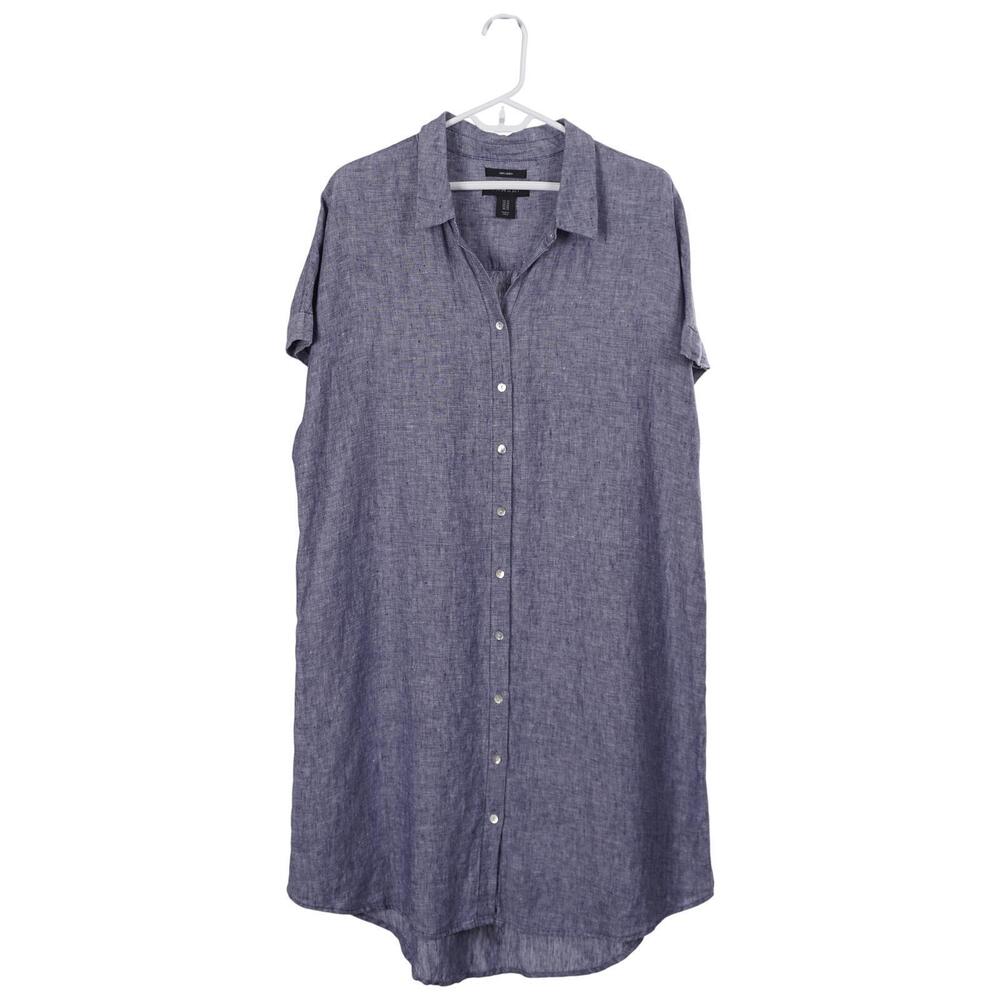TAHARI Shirt Dress 1X Blue Chambray Linen Button Front Short Sleeve Shift Casual